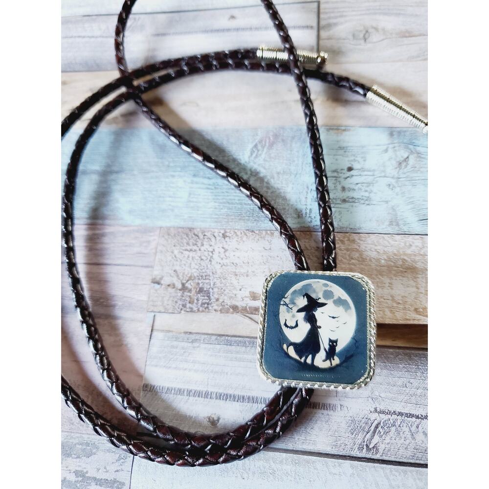 Halloween bolo tie, spooky witch , unique goth bolo tie necklace, witch in moon